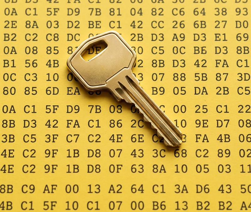 A gold key placed over a yellow background filled with rows of hexadecimal code, symbolising encryption and digital security.